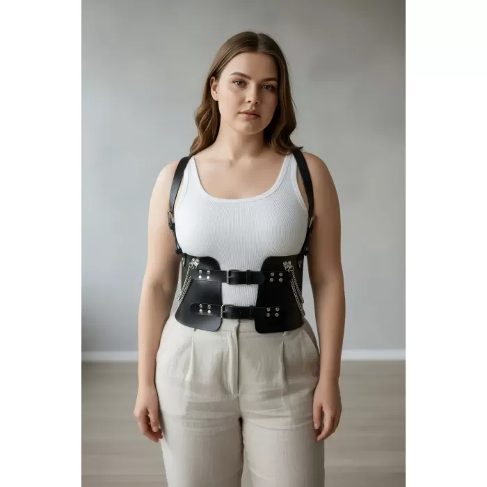 Büyük Beden Siyah Kadın Kemer Korse Görünümlü Zincir Detaylı - APFT1300