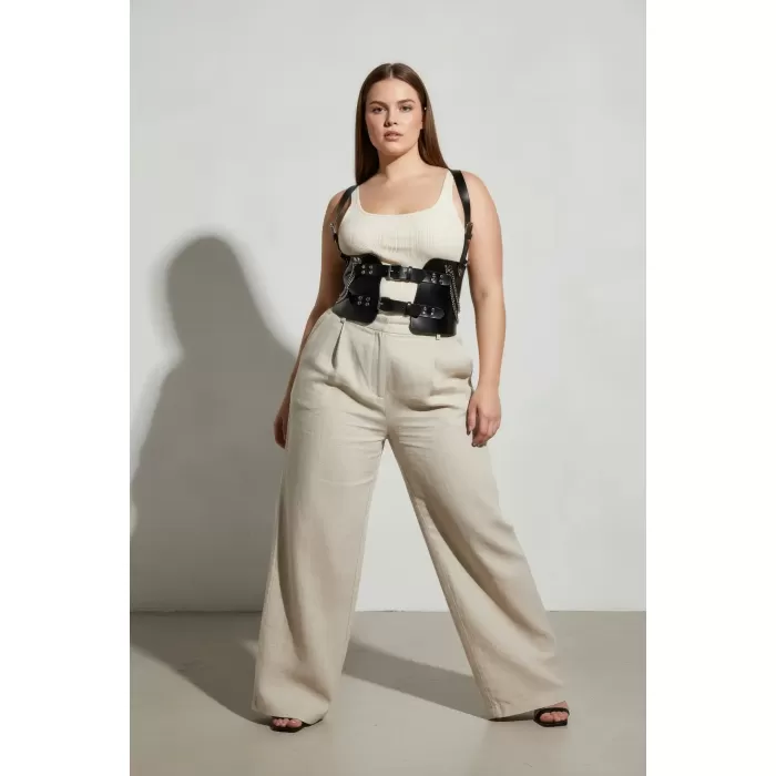 Büyük Beden Siyah Kadın Kemer Korse Görünümlü Zincir Detaylı - APFT1300