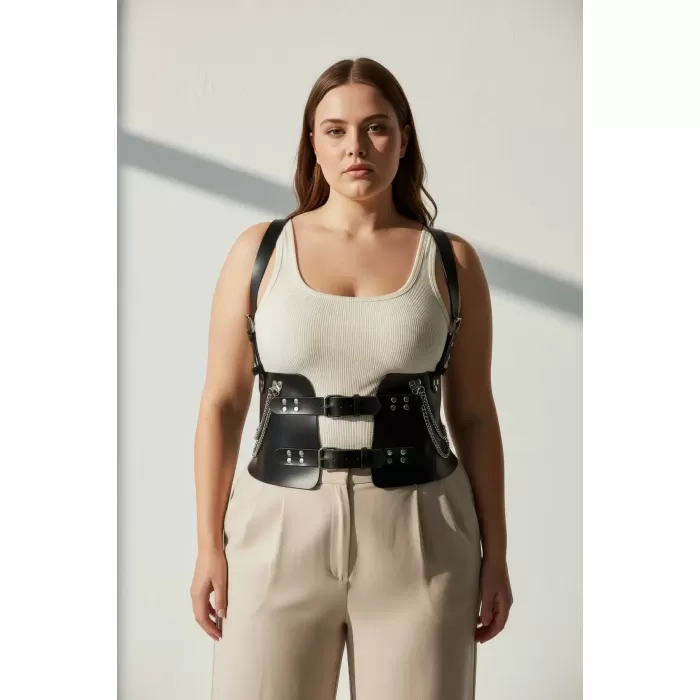 Büyük Beden Siyah Kadın Kemer Korse Görünümlü Zincir Detaylı - APFT1300