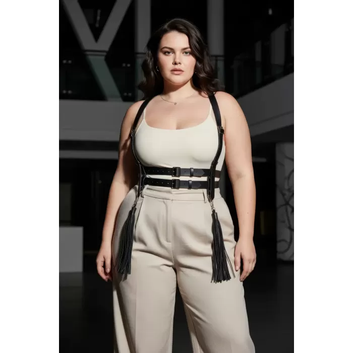 Büyük Beden Siyah Kadın Kemer Askılı Korse Tarzı Püskül Detaylı Deri Vücut Aksesuarı - APFT1393