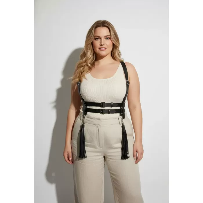 Büyük Beden Siyah Kadın Kemer Askılı Korse Tarzı Püskül Detaylı Deri Vücut Aksesuarı - APFT1393