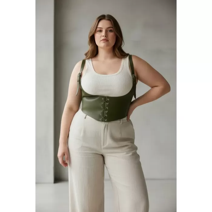 Büyük Beden Haki Kadın Kemer Korse Görünümlü Bağlama Detaylı - APFT1428