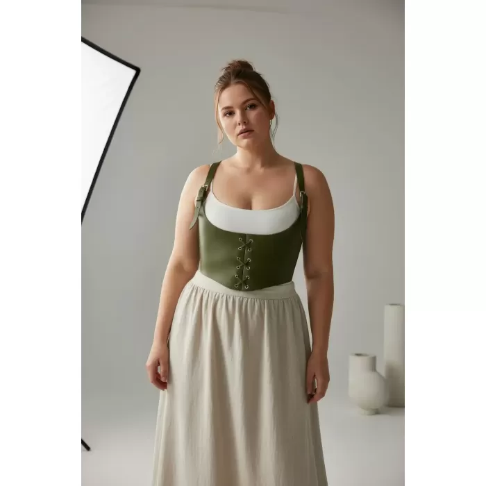 Büyük Beden Haki Kadın Kemer Korse Görünümlü Bağlama Detaylı - APFT1428