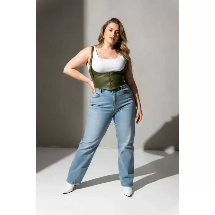 Büyük Beden Haki Kadın Kemer Korse Görünümlü Bağlama Detaylı - APFT1428