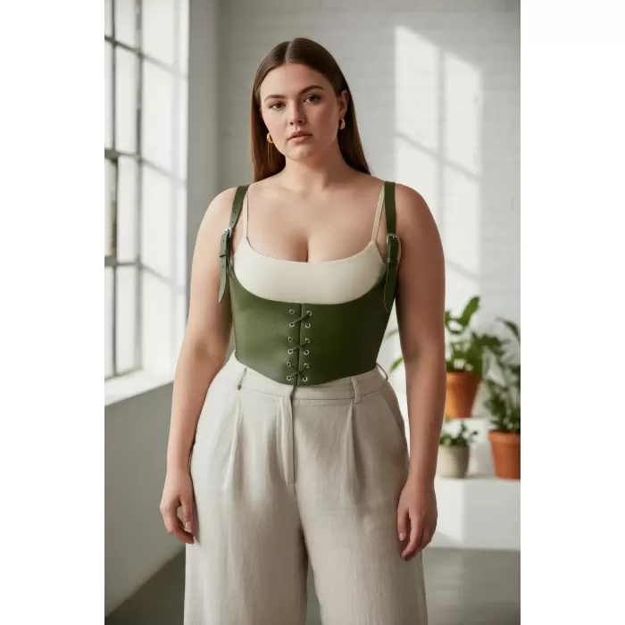 Büyük Beden Haki Kadın Kemer Korse Görünümlü Bağlama Detaylı - APFT1428