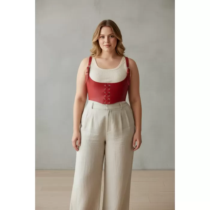 Büyük Beden Kırmızı Kadın Kemer Bağcıklı Deri Korse Harness - APFT1428