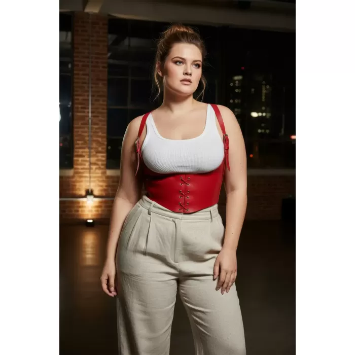 Büyük Beden Kırmızı Kadın Kemer Bağcıklı Deri Korse Harness - APFT1428