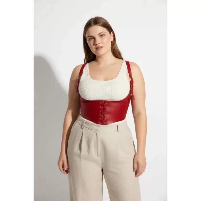 Büyük Beden Kırmızı Kadın Kemer Bağcıklı Deri Korse Harness - APFT1428