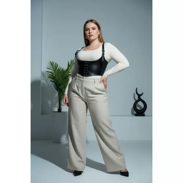 Büyük Beden Siyah Kadın Kemer Bağcıklı Korse Detaylı Deri Görünümlü - APFT1428