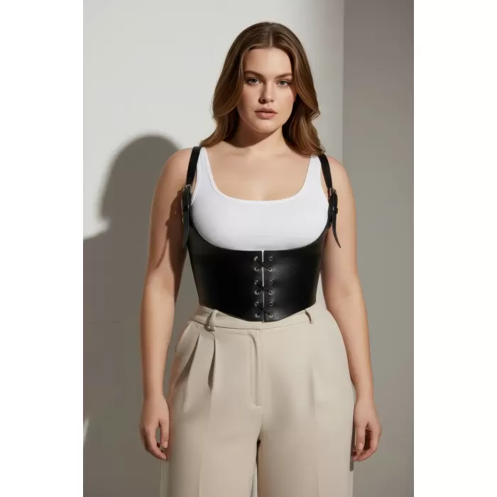 Büyük Beden Siyah Kadın Kemer Bağcıklı Korse Detaylı Deri Görünümlü - APFT1428