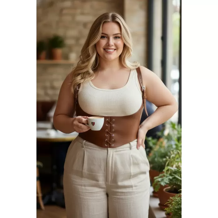 Büyük Beden Taba Kadın Kemer Omuz Askılı Bağlamalı Deri Korse - APFT1428