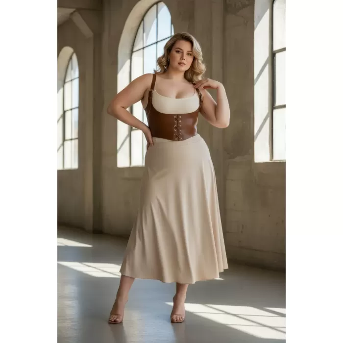 Büyük Beden Taba Kadın Kemer Omuz Askılı Bağlamalı Deri Korse - APFT1428