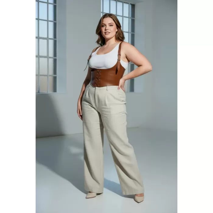 Büyük Beden Taba Kadın Kemer Omuz Askılı Bağlamalı Deri Korse - APFT1428