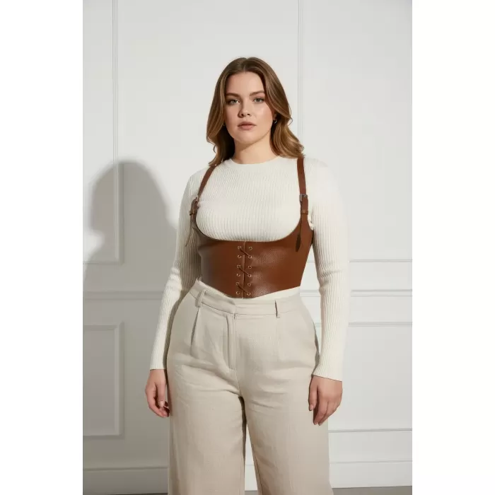 Büyük Beden Taba Kadın Kemer Omuz Askılı Bağlamalı Deri Korse - APFT1428