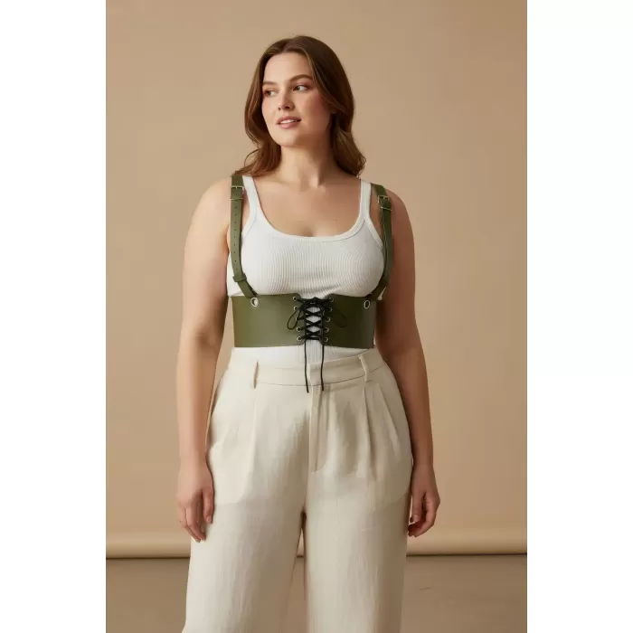 Büyük Beden Haki Kadın Kemer Omuz Askılı Bağlamalı Korse Stili - APFT1429