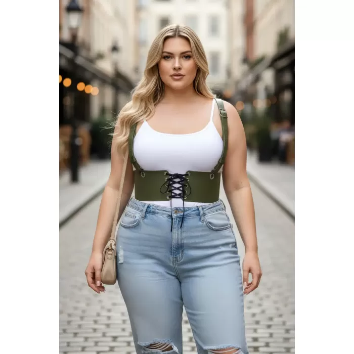 Büyük Beden Haki Kadın Kemer Omuz Askılı Bağlamalı Korse Stili - APFT1429