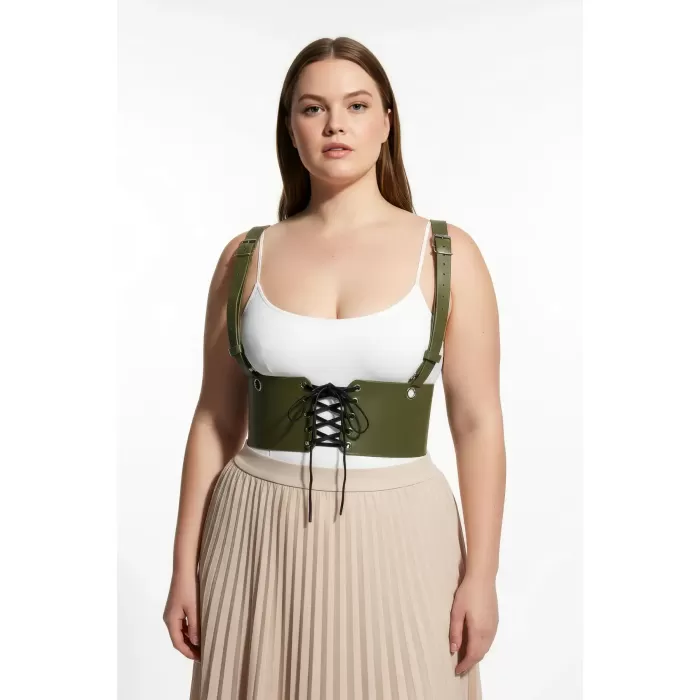 Büyük Beden Haki Kadın Kemer Omuz Askılı Bağlamalı Korse Stili - APFT1429