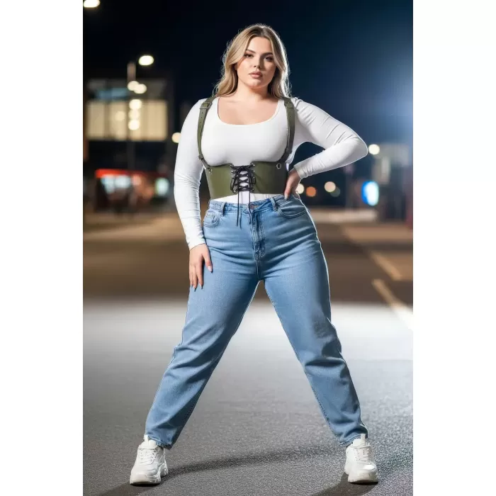 Büyük Beden Haki Kadın Kemer Omuz Askılı Bağlamalı Korse Stili - APFT1429