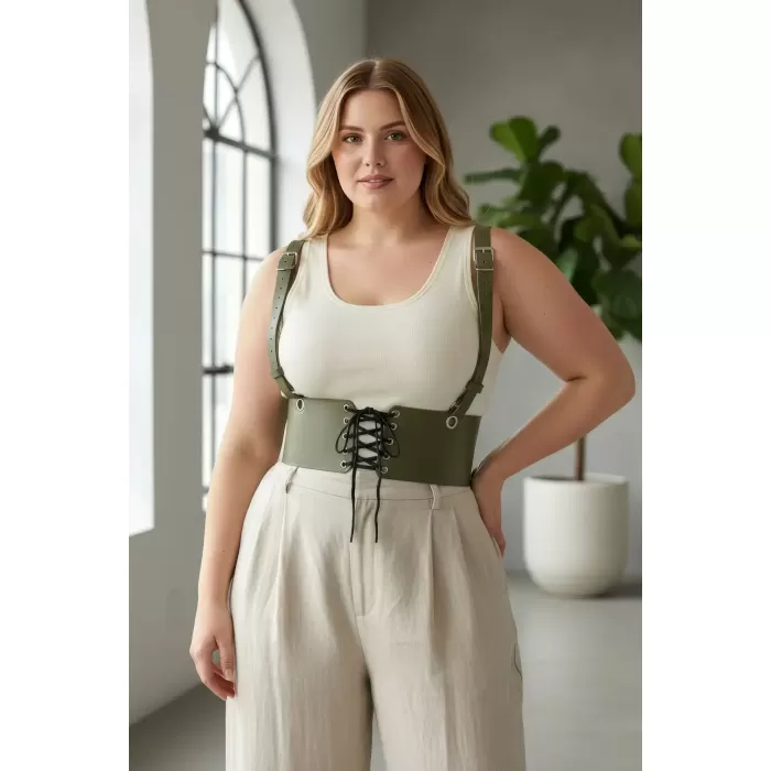 Büyük Beden Haki Kadın Kemer Omuz Askılı Bağlamalı Korse Stili - APFT1429