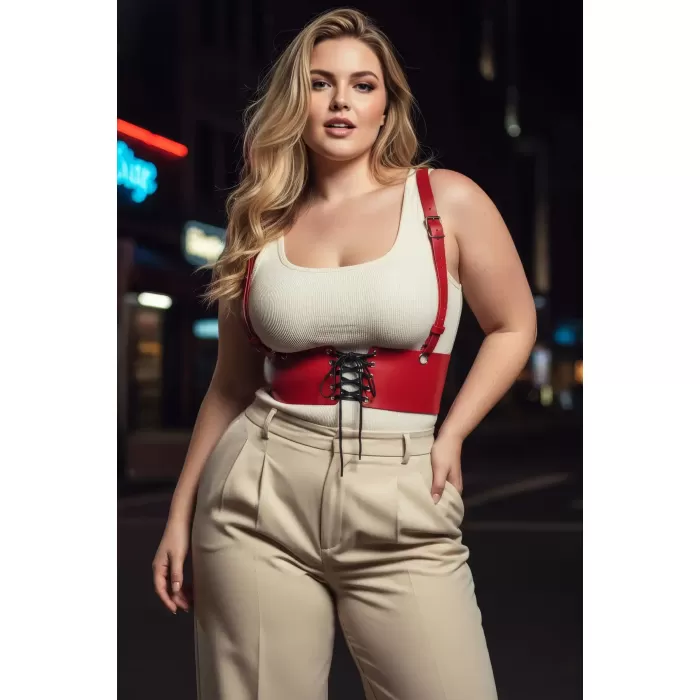 Büyük Beden Kırmızı Kadın Deri Askılı Korse Kemer Bağcıklı Model - APFT1429