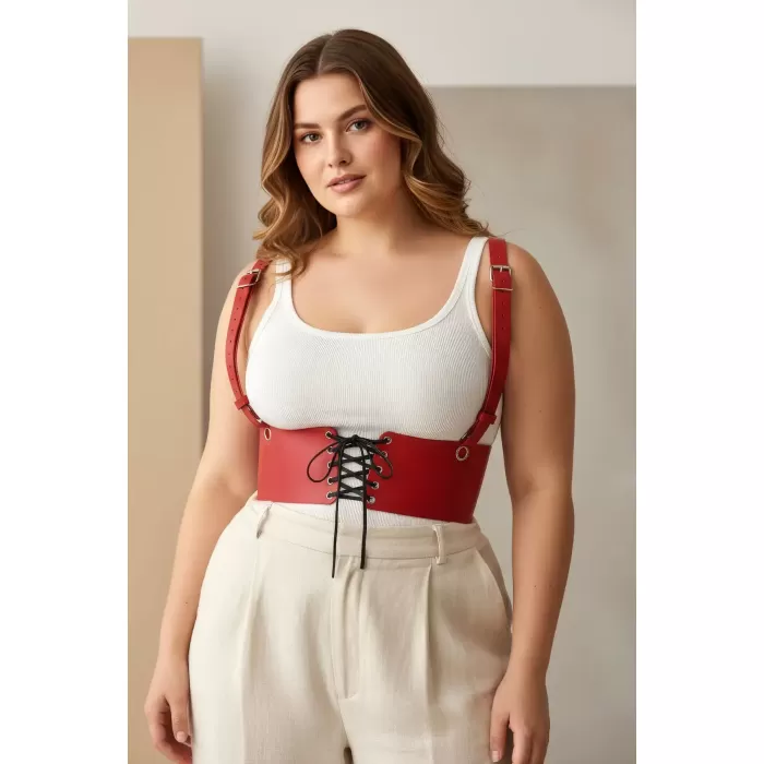 Büyük Beden Kırmızı Kadın Deri Askılı Korse Kemer Bağcıklı Model - APFT1429
