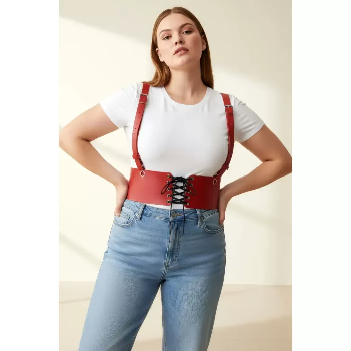 Büyük Beden Kırmızı Kadın Deri Askılı Korse Kemer Bağcıklı Model - APFT1429