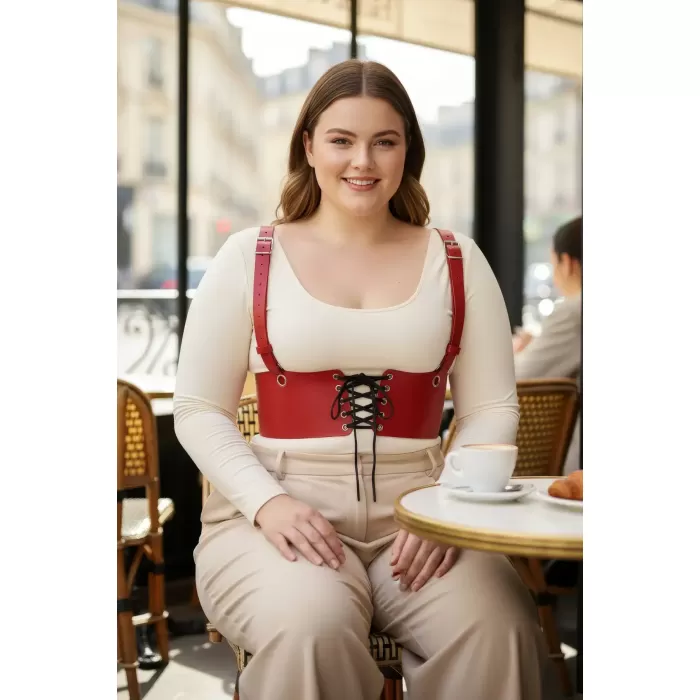 Büyük Beden Kırmızı Kadın Deri Askılı Korse Kemer Bağcıklı Model - APFT1429