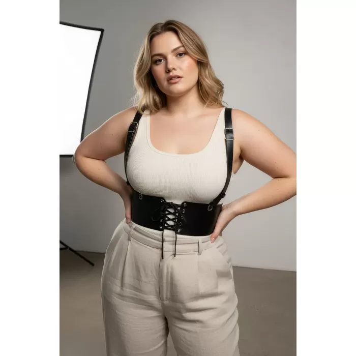Büyük Beden Siyah Kadın Deri Kemer Omuz Askılı Bağcıklı Korse - APFT1429