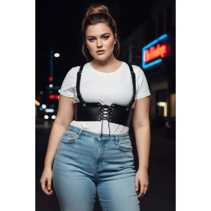 Büyük Beden Siyah Kadın Deri Kemer Omuz Askılı Bağcıklı Korse - APFT1429