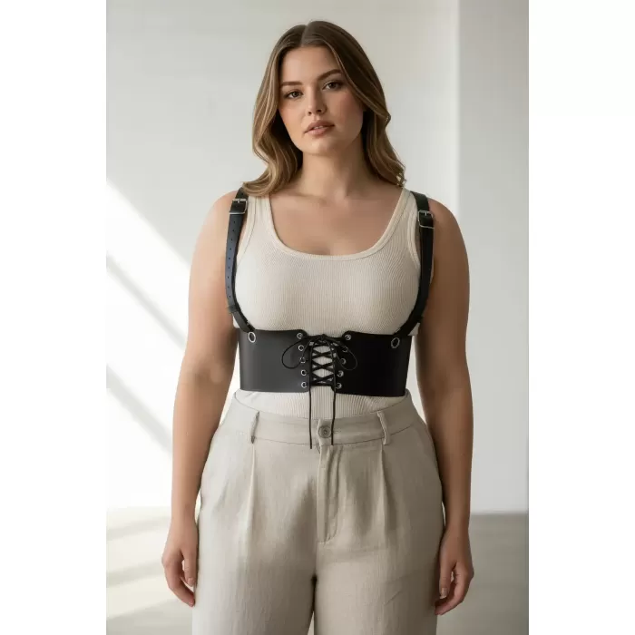 Büyük Beden Siyah Kadın Deri Kemer Omuz Askılı Bağcıklı Korse - APFT1429