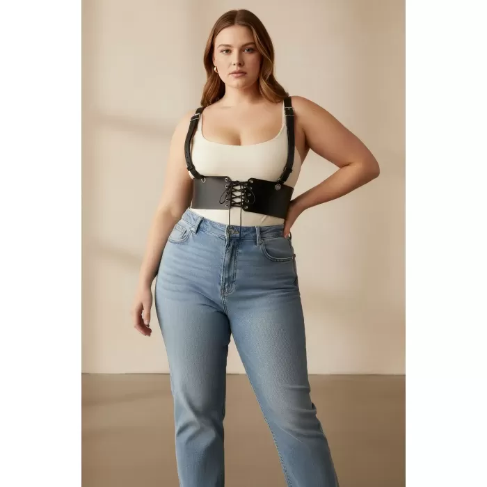 Büyük Beden Siyah Kadın Deri Kemer Omuz Askılı Bağcıklı Korse - APFT1429