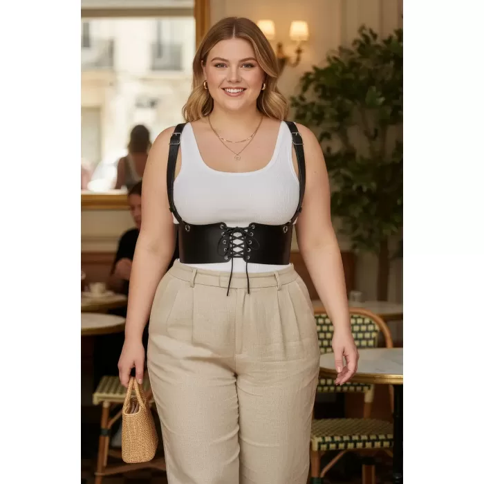 Büyük Beden Siyah Kadın Deri Kemer Omuz Askılı Bağcıklı Korse - APFT1429