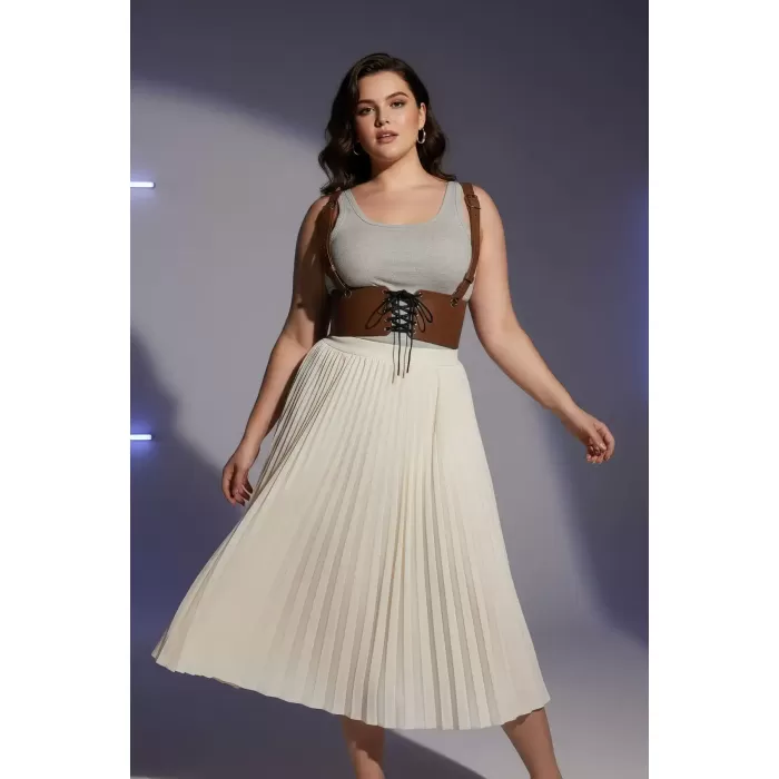 Büyük Beden Taba Kadın Korse Kemer Omuz Askılı Bağcık Detaylı - APFT1429