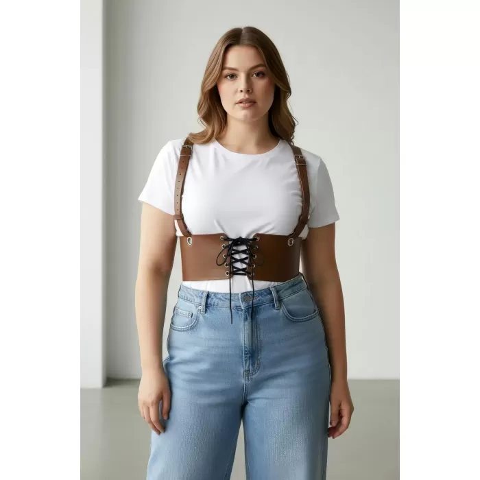 Büyük Beden Taba Kadın Korse Kemer Omuz Askılı Bağcık Detaylı - APFT1429