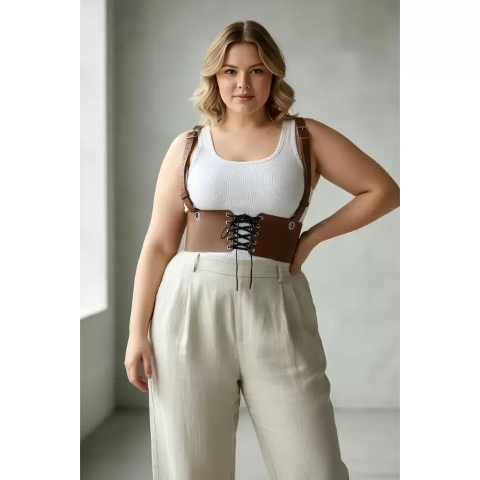 Büyük Beden Taba Kadın Korse Kemer Omuz Askılı Bağcık Detaylı - APFT1429