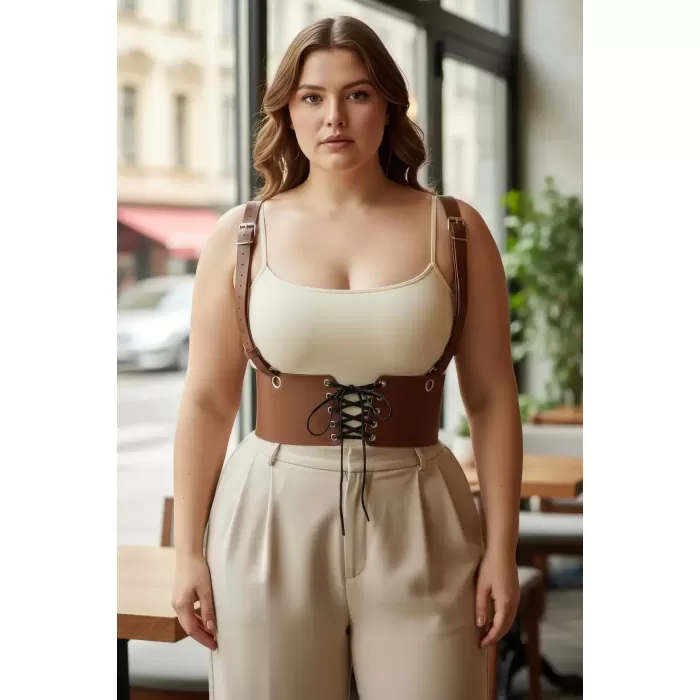 Büyük Beden Taba Kadın Korse Kemer Omuz Askılı Bağcık Detaylı - APFT1429