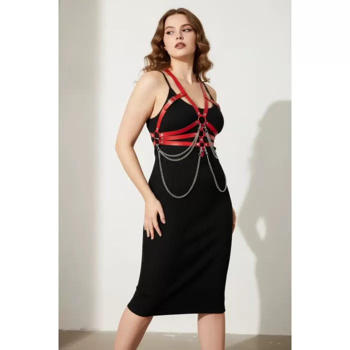 Büyük Beden Kırmızı Kadın Kemer Deri Harness Zincir Detaylı Vücut Aksesuarı - APFT9