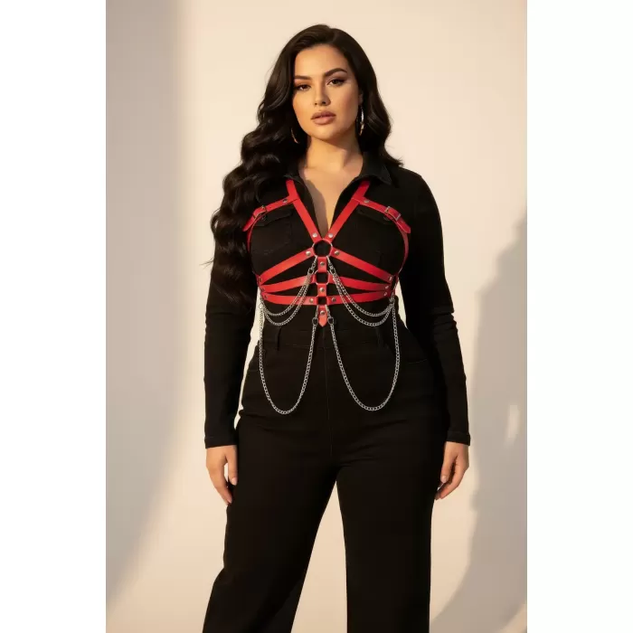 Büyük Beden Kırmızı Kadın Kemer Deri Harness Zincir Detaylı Vücut Aksesuarı - APFT9