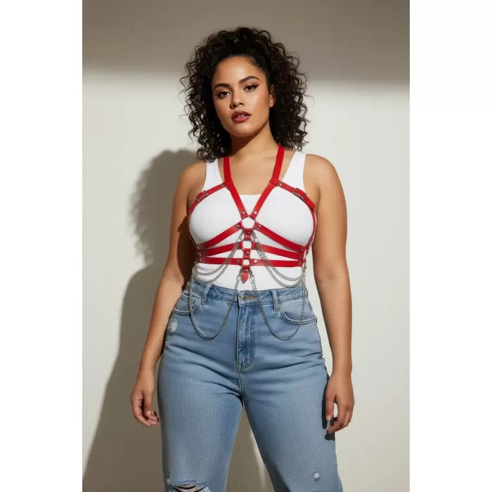 Büyük Beden Kırmızı Kadın Kemer Deri Harness Zincir Detaylı Vücut Aksesuarı - APFT9