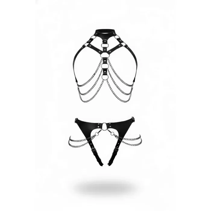Siyah Harness Takım Zincir Detaylı Halkalı Vücut Aksesuarı - APFT1387