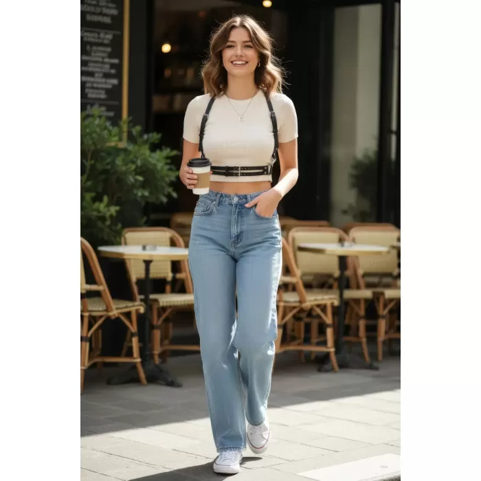 Siyah Kadın Kemer Omuz Detaylı Çift Tokalı Vücut Aksesuarı - APFT1113