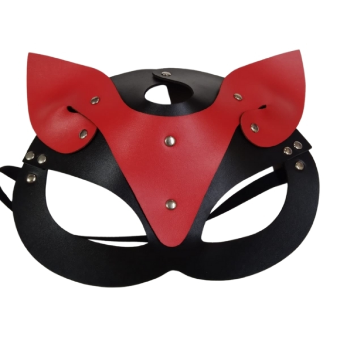 Censan Deri Kedi Kız Maskesi Siyah Kırmızı