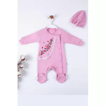 Çiçek Nakışlı Şapkalı % 100 Pamuk Kız Bebek Tulumu