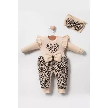 Leopar Desenli Fiyonklu % 100 Pamuk Kız Bebek Tulum