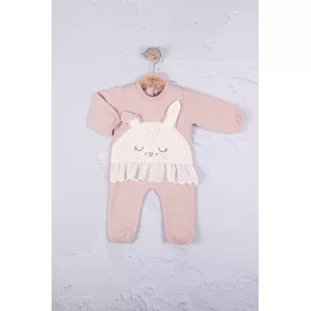 Tavşan Nakışlı Güpürlü % 100 Pamuk Kız Bebek Tulum