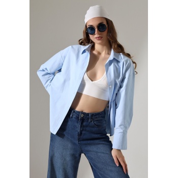Kadın Gömlek Mavi Renk Oversize Rahat Kesim Poplin Kumaş Gomlek