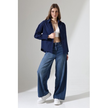 Kadın Gömlek Lacivert Renk Oversize Rahat Kesim Poplin Kumaş Gomlek