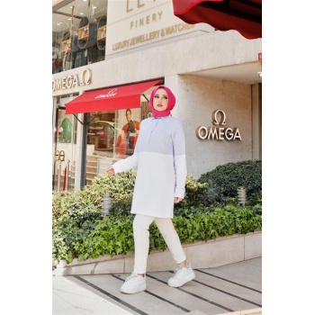 Gusto Gömlek Geçişli İki Renk Sade Çizgili Sweatshirt - 71089 - Beyaz