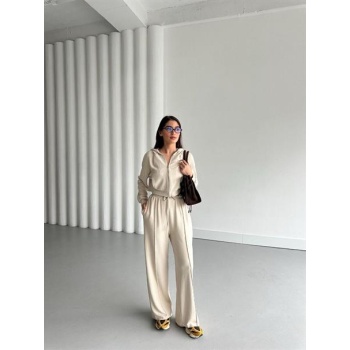 Fermuarlı Uzun Kollu Cepli Alt - Üst Eşofman Takımı - (S-L) - P117001 - Bej