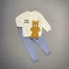 Ayıcık Sallanan Ayak Desenli Likra Penye Kumaş Sweat Pantolonlu Kız Erkek 2li Çocuk Takımı Ekru